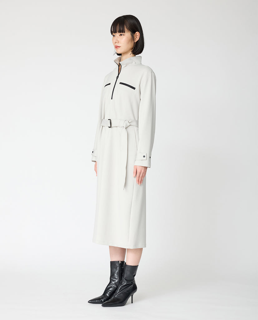 0202_D ダンボールニット ベルト付きZIP UPワンピース (ストーングレー